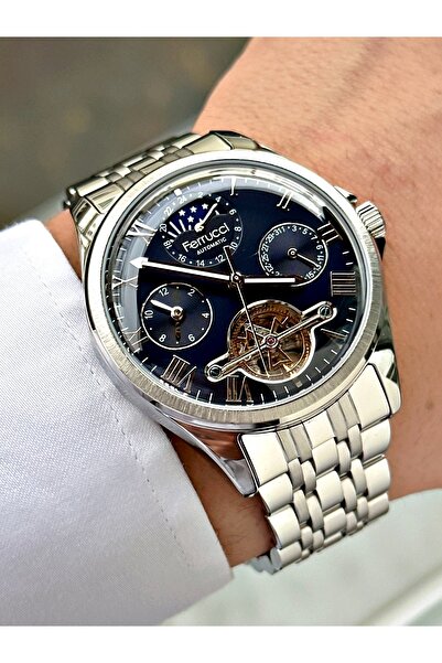 Ferrucci Men's Wristwatch with Automatic Mechanism Silver-Navy Blue Color Ste...