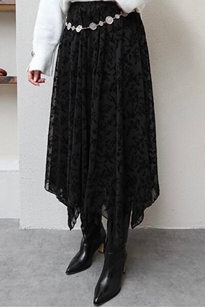 Noi Belis Boho Lined Elastic Waist Skater Skirt Asymmetrical Detail at Hem Fl...