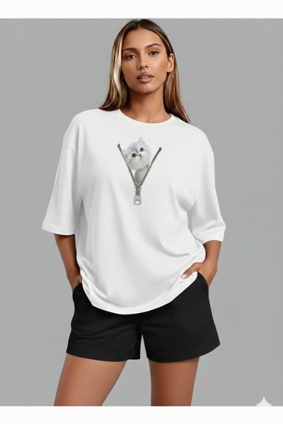 JENOLAN Women's Zippered Cat Printed Oversized T-Shirt Loose Fit