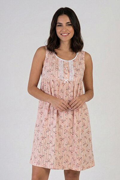 cotonhause Women's Zero Sleeve Salmon Color Nightgown - Buttoned, Lace Detail...