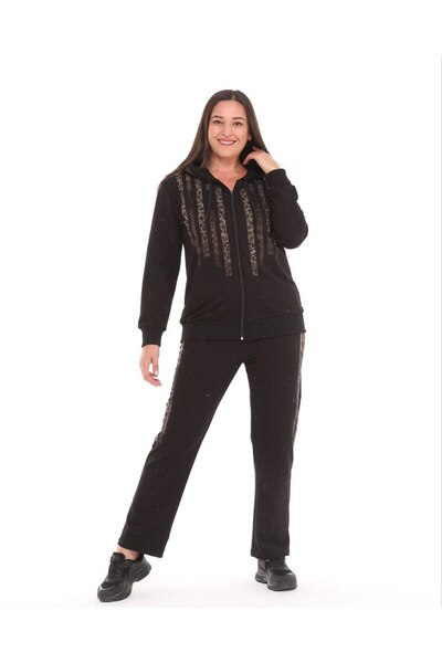 Esina Women's Two Threaded Pipe Leg Zippered Front Stone Detailed Tracksuit Set