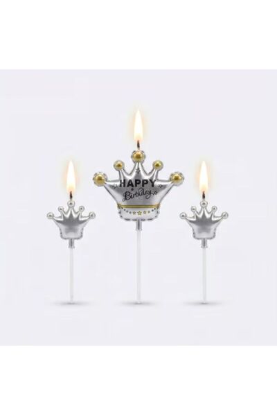 parti sürprizi Happy Birthday Gümüş Taçlı 3 lü Mum Set