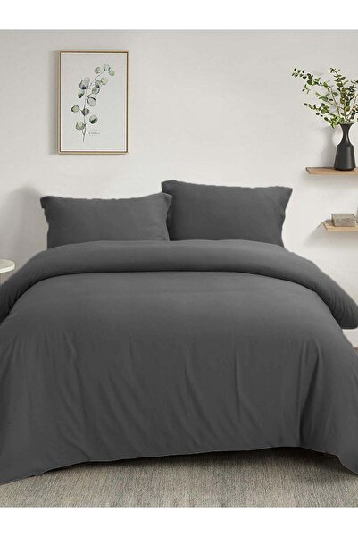HOMENUP 150X200 Solid Color Double Duvet Cover Set with Elastic Sheet Anthracite