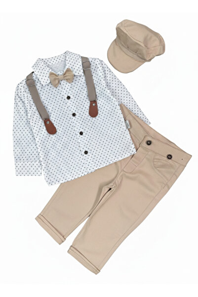 ENSONO Askı Kemerli Şapkalı Papyonlu Likralı Gabardin Pantolon Keten Gömlek E...