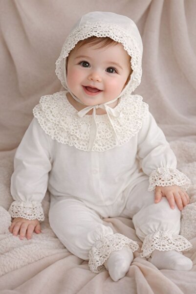 SONEM BABY %100 Pamuk Dantelli Bebek Tulum (Tulum+Şapka) - Ekru Renk - Hastan...