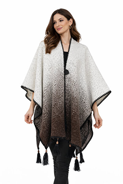 Tasarım Kadın-Özel Dokuma Degrade Panço Şal – Püskül Detaylı