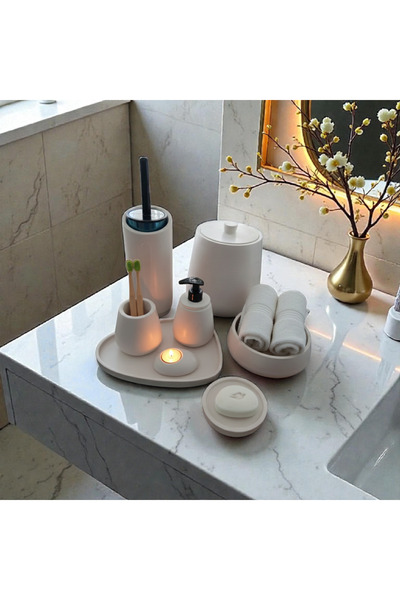 Trust Stone Kırık Beyaz Beton Banyo Seti,Tuvalet WC, Kova,Katı,Sıvı Sabunluk,...