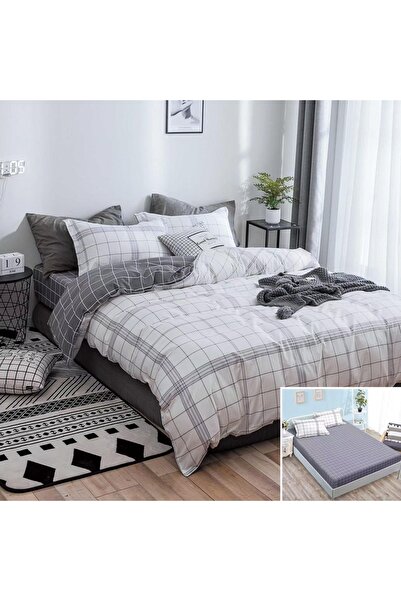 OEM Bed linen, 2 people, satin cotton, 4 pieces, with elastic, white and gray...