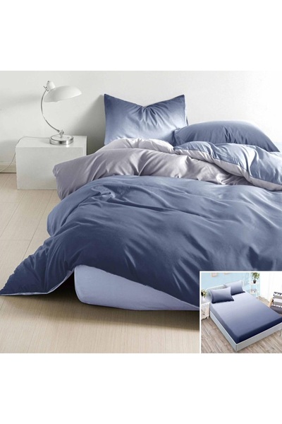 OEM Bed linen, 2 people, satin cotton, 4 pieces, with elastic, gray and blue,...