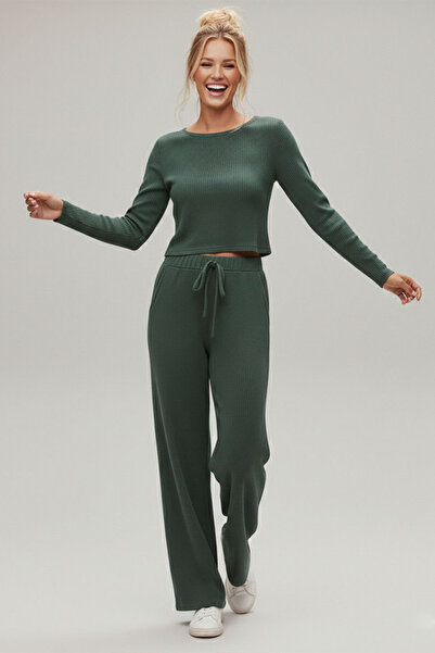 FİT WOMEN ÇİZGİ LİKRALI KAYIK YAKA ALT ÜST TAKIM 4443