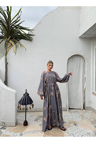 Lady Pixie Design Linen Patterned Balloon Sleeve Dress