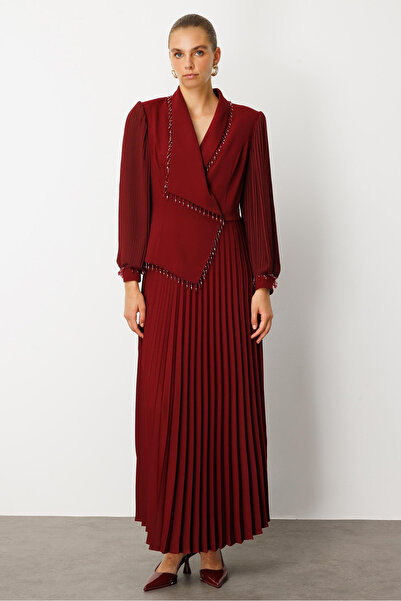 Moda İlgi Women's Beaded Detailed Pleated Long Dress 6073 Burgundy