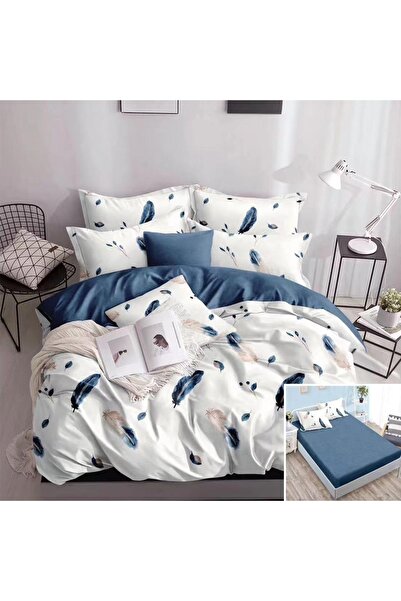 OEM Bed linen, 2 people, satin cotton, 4 pieces, with elastic, white and blue...