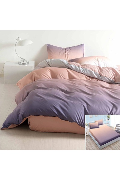 OEM Lenjerie de pat, 2 persoane, bumbac satinat, 4 piese, cu elastic, mov și ...