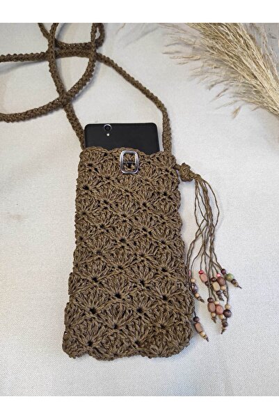 atolyeozyy Hasır Mini Çapraz Telefon Çantası, Kağıt İp Boncuklu Çanta