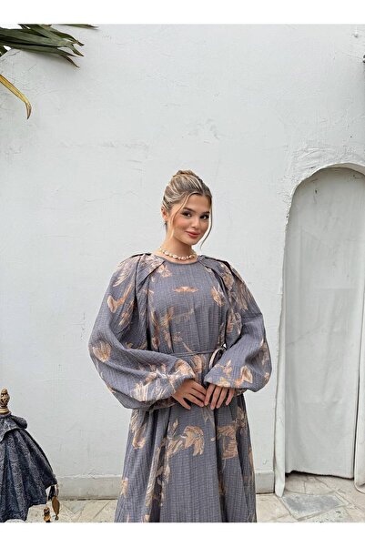 Bak'ap Premium Design Linen Patterned Balloon Sleeve Hijab Dress