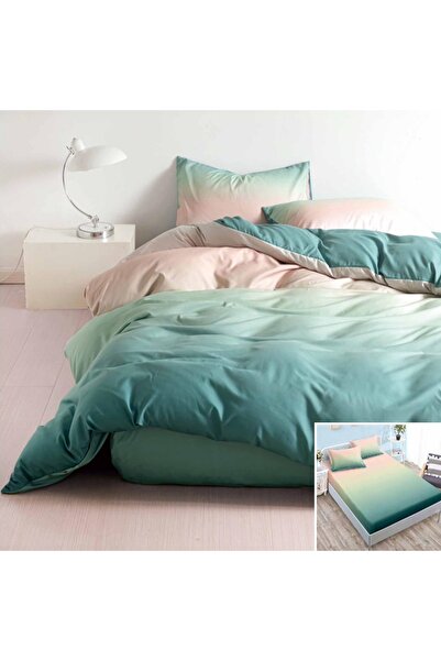 OEM Lenjerie de pat, 2 persoane, bumbac satinat, 4 piese, cu elastic, verde ș...