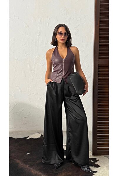 AYDIN WEAR AF-002 Kadın Bordo Deri Gümüş Fermuarlı Büstiyer Halter V Yaka Par...