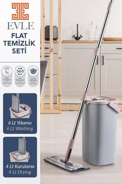 EVLE Lavine Premium Flat Mop Seti | Gri, Su Tahliyeli Kova, Paslanmaz Çelik Sap