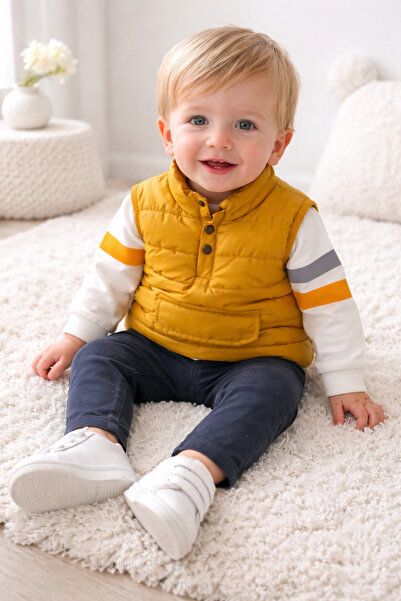 RÜYA KİDS Baby Boy Side Zipper Inflatable Vest Set Sweatshirt Pants 3-Piece Set