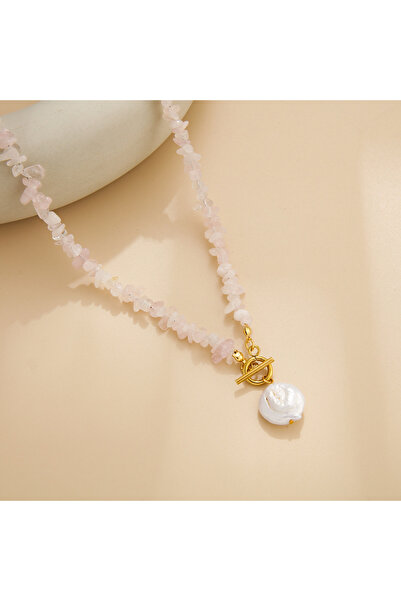 Doğal Taş & Terapi قلادة نسائية من حجر الكوارتز الوردي الطبيعي (الورد المجفف)