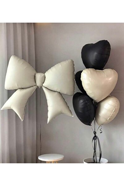 Öztürkpartievi مجموعة بالونات فويل على شكل قلب وفيونكة باللونين الأسود والكري...