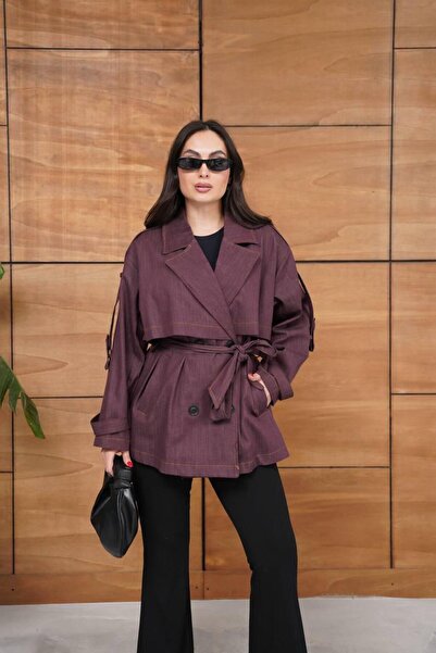 Ekim Store Denim Double-Breasted Button Belted Trench Coat