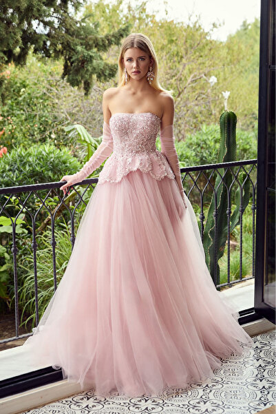 ÖMÜR INN Kadın Straplez Payet ve Taş İşlemeli Uzun Abiye Elbise 6748 Pudra