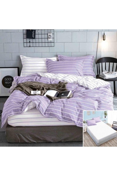 OEM Bed linen, 2 people, satin cotton, 4 pieces, with elastic, purple and whi...