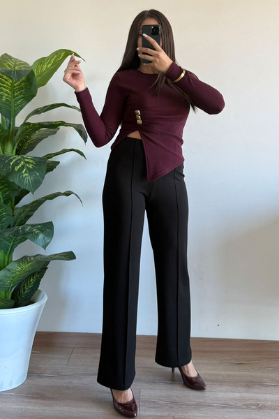 CİDDE Women's Asymmetrical Cut Gold Button Detail Ottoman Fabric Blouse