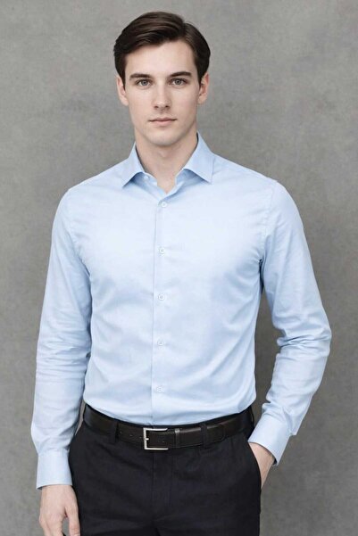 Ramires Men's Mavi Slim Fit Slim Fit Straight Hard Collar Long Sleeve Shirt