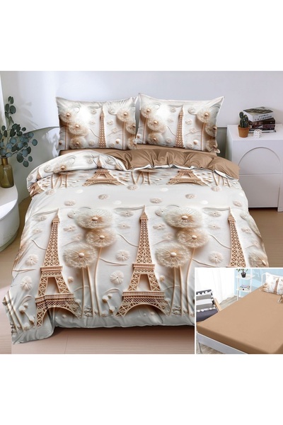 OEM Bed linen, 2 people, satin cotton, 4 pieces, with elastic, cream, with Ei...