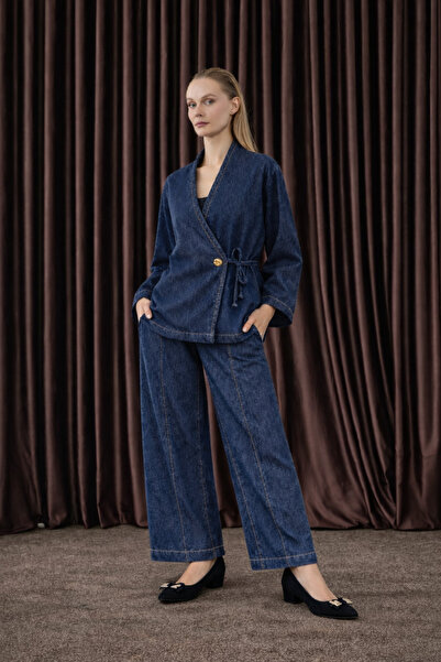 Podyum Park طقم كيمونو نسائي من قماش الدنيم بياقة وحزام بنطلون واسع الأرجل