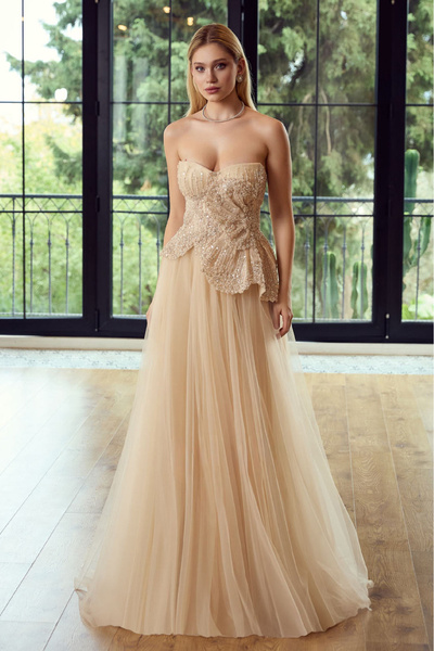 ÖMÜR INN Kadın Straplez Taş ve Boncuk İşlemeli Uzun Abiye Elbise 6702 Latte