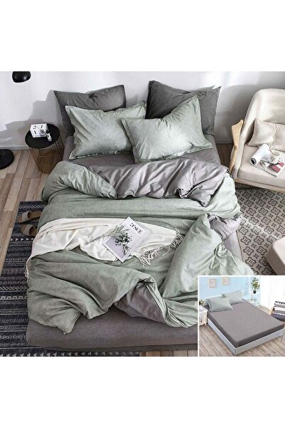 OEM Lenjerie de pat, 2 persoane, bumbac satinat, 4 piese, cu elastic, verde ș...