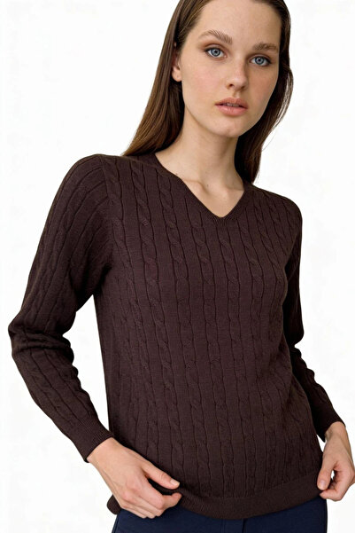 Desen Triko Women's V-Neck Full Hair Braided Sweater 24328 Brown