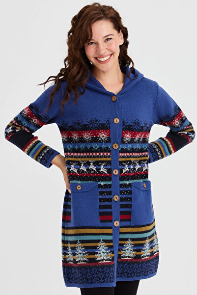 Desen Triko Women's Hooded Snow and Deer Patterned Long Wool Coat 23012 Dark ...