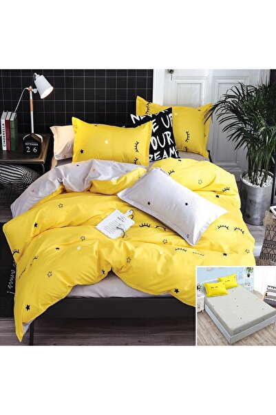 OEM Lenjerie de pat, 2 persoane, bumbac satinat, 4 piese, cu elastic, galben ...