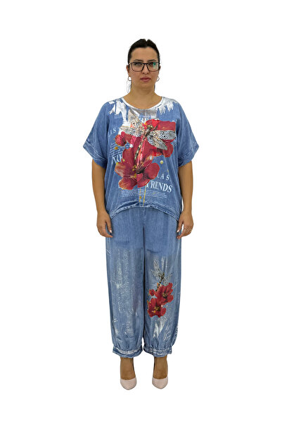 lavelina Plus Size Cotton Low Sleeve Shiny Print Detail Jogger Loose Bottom T...