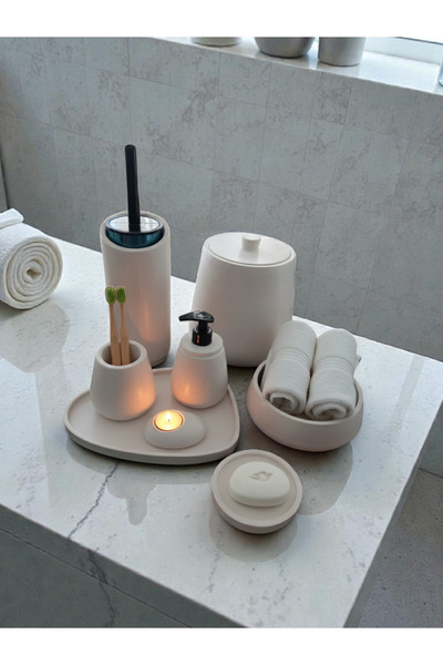 Trust Stone Kırık Beyaz Beton Banyo Seti,Tuvalet WC, Kova,Katı,Sıvı Sabunluk,...