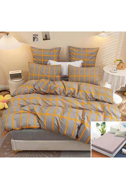 OEM Bed linen, 2 people, satin cotton, 4 pieces, with elastic, gray, with gol...