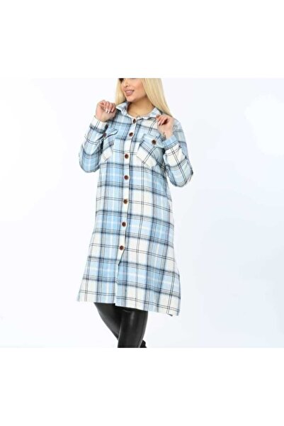 NUR TEKSTİL Kadın buz mavisi Kışlık Büyük Beden Oduncu pamuklu Kumaş Gömlek T...
