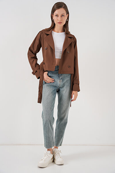 Modamorfo Women's Belted Short Trench Coat 5970 - Brown