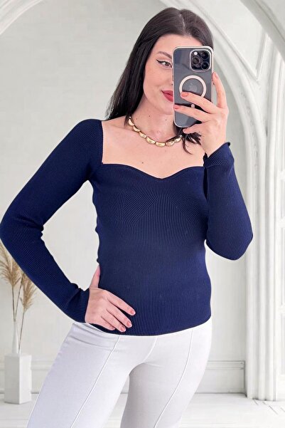 MODAMERSİ Women's Navy Blue Heart Collar Corded Fabric Knitwear Sweater