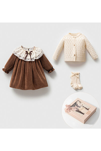 Limonlu Pamuk Kız Bebek Dantel Yaka Kadife Elbise Ve Örgü Hırka -Fiyonk Detay...