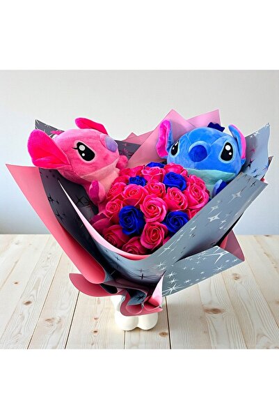 velve Premium bouquet with 35 soap roses and 2 Stitch plush toys, Pink-Blue