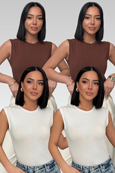 Lunamiratto Women's 2 Brown 2 Black Crew Neck Cotton Sleeveless Bodysuit Zero...