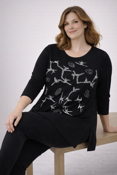 Şans Жіноча блузка великого розміру, чорна, з принтом і камінцями, з розрізом...