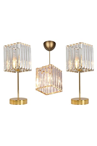 Vivense EVLİGHT ÜÇLÜ AVİZE VE ABAJUR SETİ SARKIT KRİSTAL CAM AVİZE