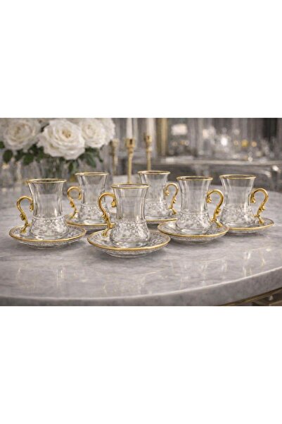 kısmet kristal İnce Belli Şık Tasarımlı Kulplu Çay Seti 6 Kişilik Yaldızlı Ca...